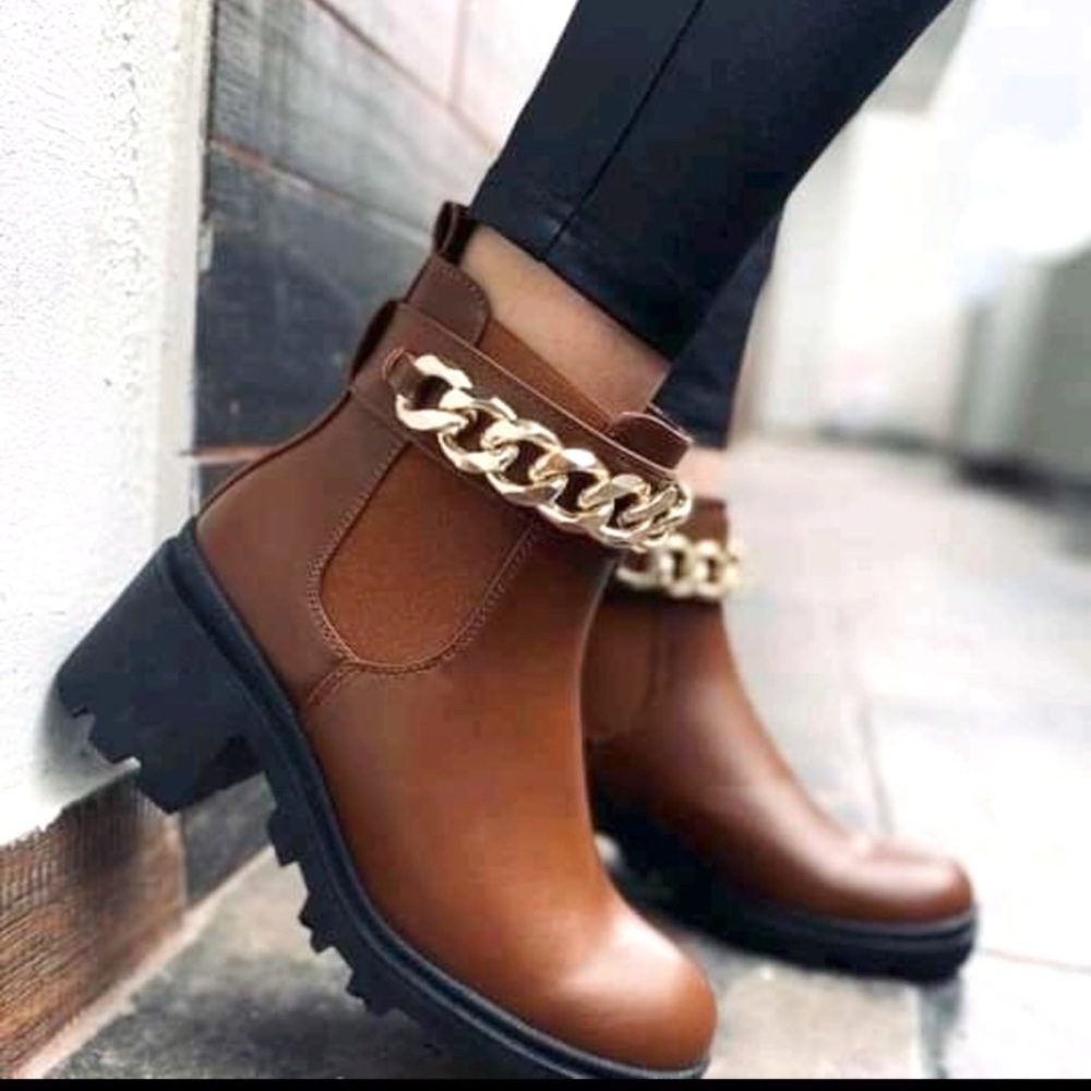 Women’s Tan Chain Decor Platform Chelsea Boots - Picture 2 of 3